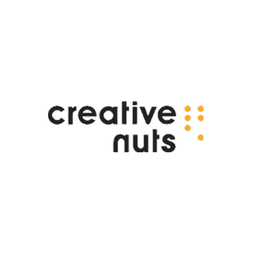 Creative Nuts logo with black text and orange dots on a green background.