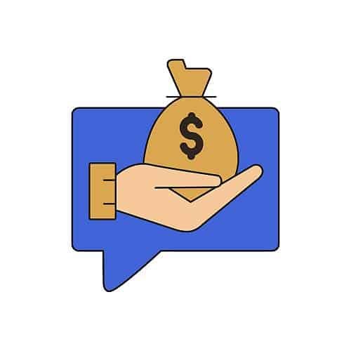Hand holding a money bag with a dollar sign inside a speech bubble.