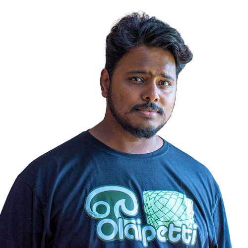 Portrait of a man wearing a black T-shirt with Angarayan logo.